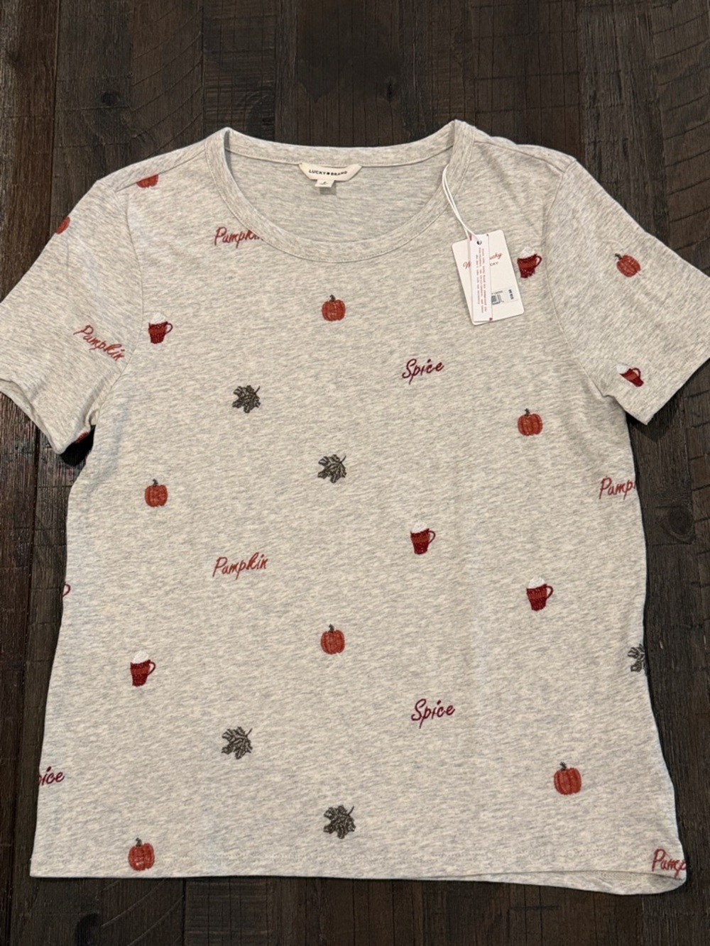 Lucky Brand Women’s Gray Fall Themed T-Shirt Short Sleeve Crew Neck Embroidered - Picture 2 of 16